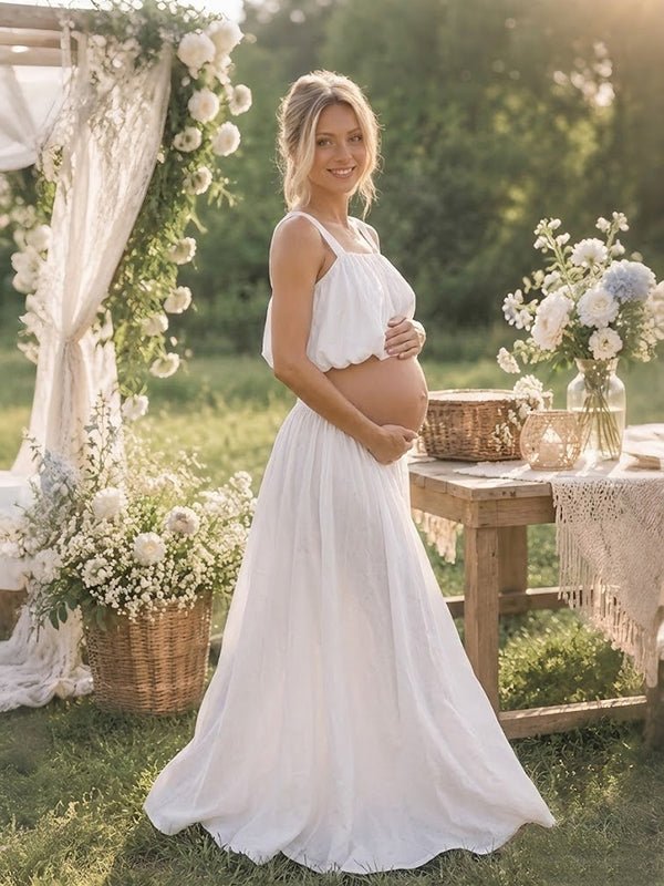 Momyknows Cute White Flowy 2-in-1 Maternity Photoshoot Maxi Dress