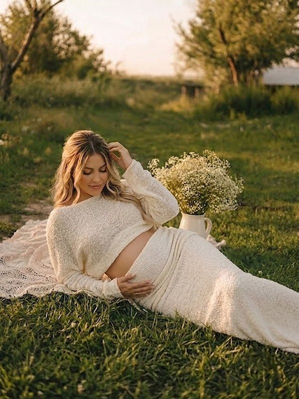 Momyknows Elegant Beige Crochet Off Shoulder 2-in-1 Maternity Photoshoot Maxi Dress - Beige - 2