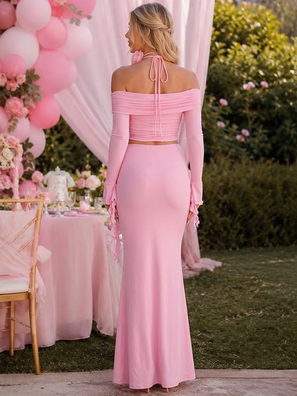 Momyknows Elegant Off Shoulder 3D Flowers 2-in-1 Baby Shower Maternity Maxi Dress - Pink - 2