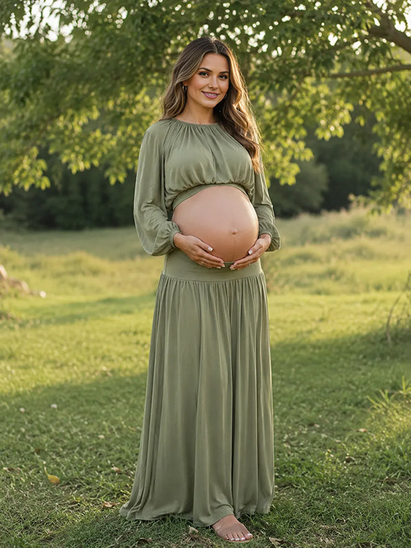 Green 2-in-1 Maternity Maxi Dress with Elastic Waist and Loose Fit, Photoshoot Occasion