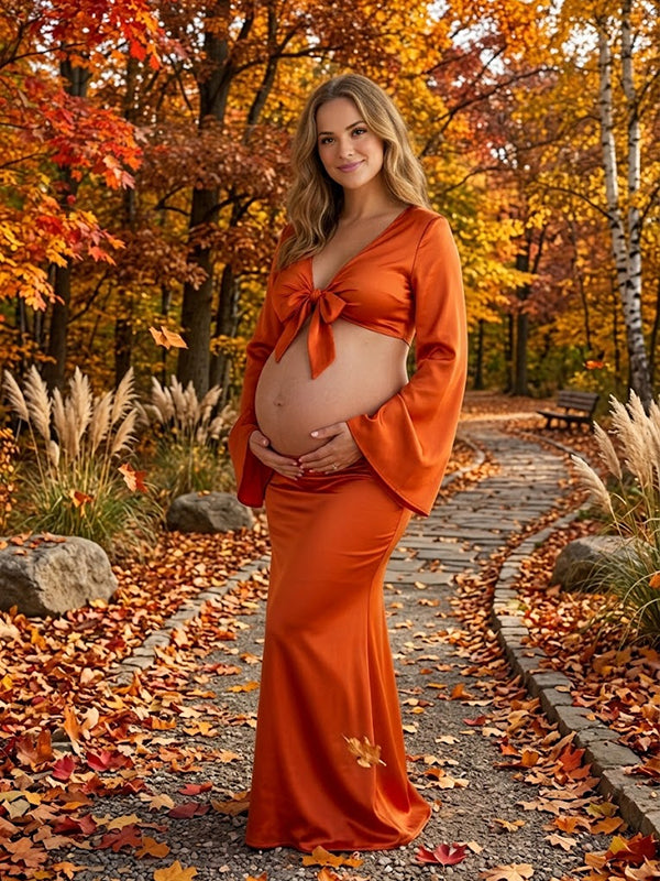 Orange Lace-Up 2-in-1 Maternity Maxi Dress with Chic Detail Bodycon Fit