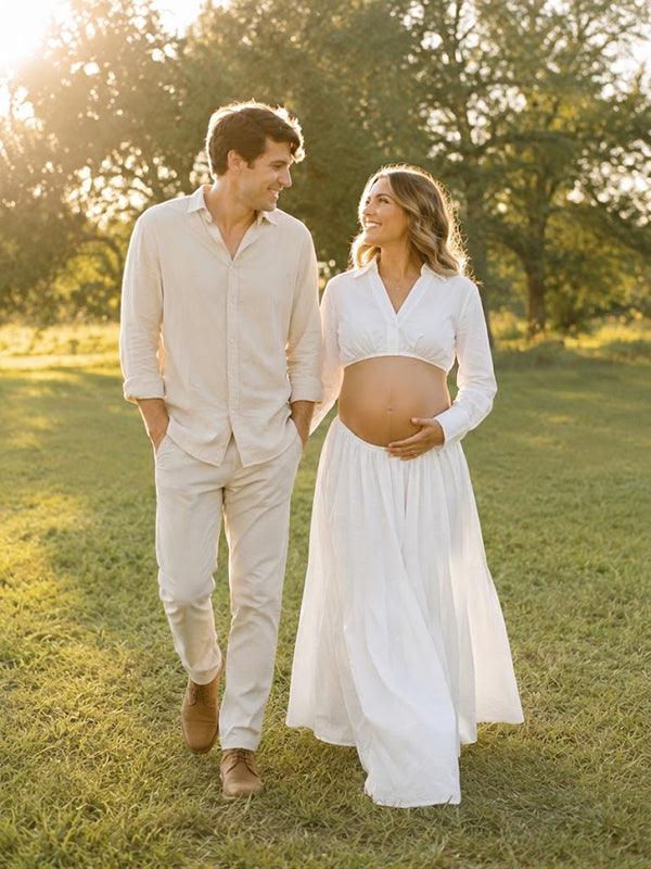 White V-Neck Maternity Maxi Dress with Elegant Design and Loose Silhouette, Outdoor Photoshoot