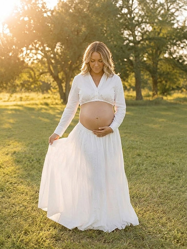White V-Neck Maternity Maxi Dress with Elegant Design Loose Silhouette