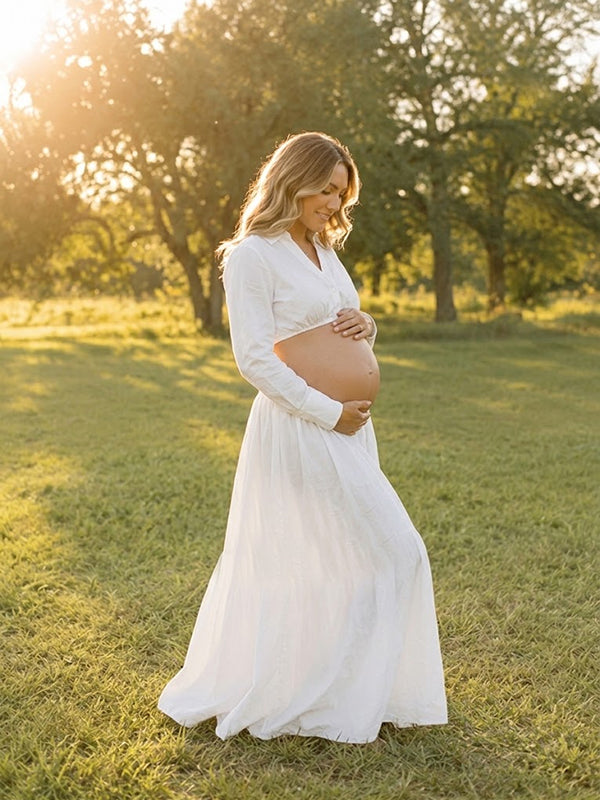 White V-Neck Maternity Maxi Dress with Elegant V-Neck Design