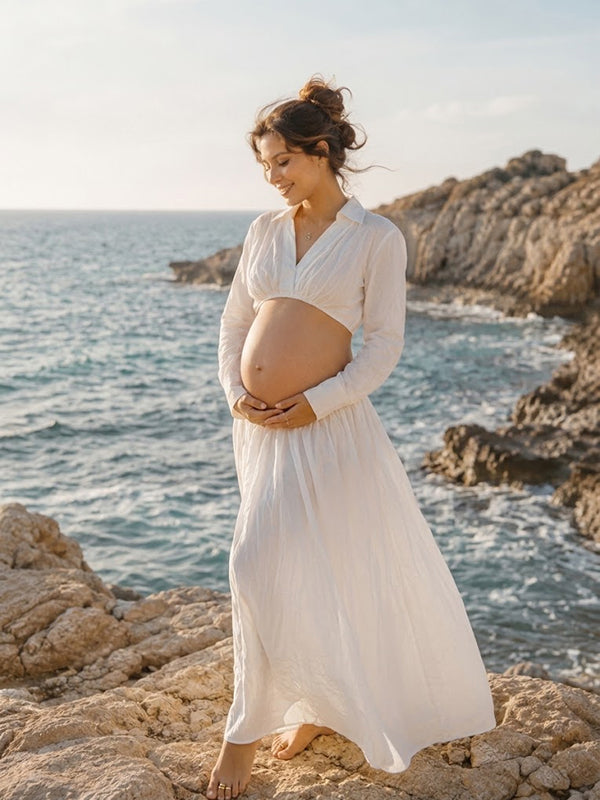 White V-Neck Maternity Maxi Dress with Elegant Design and Loose Silhouette, Beach Photoshoot