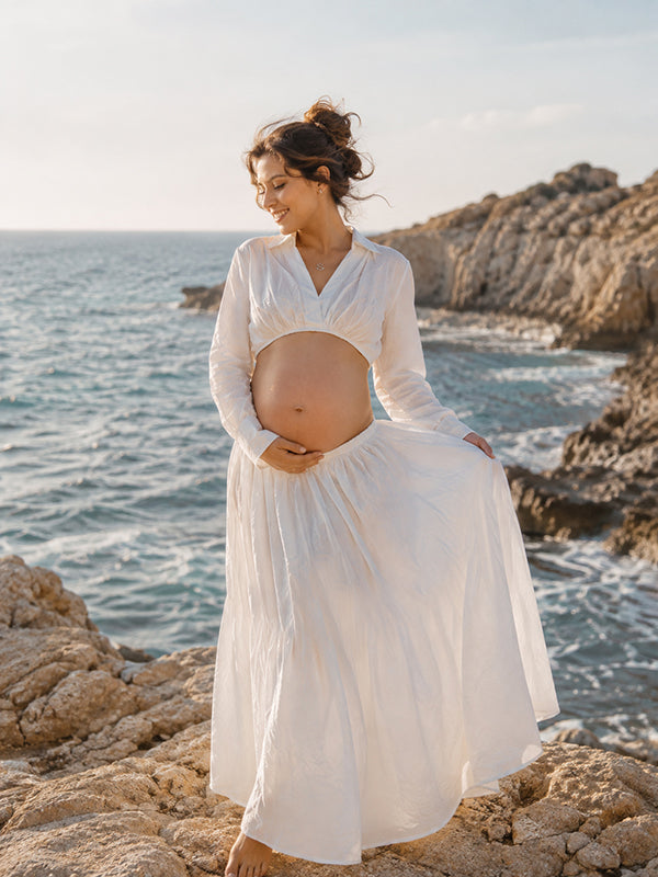 White V-Neck Maternity Maxi Dress with Elegant Design Loose Silhouette