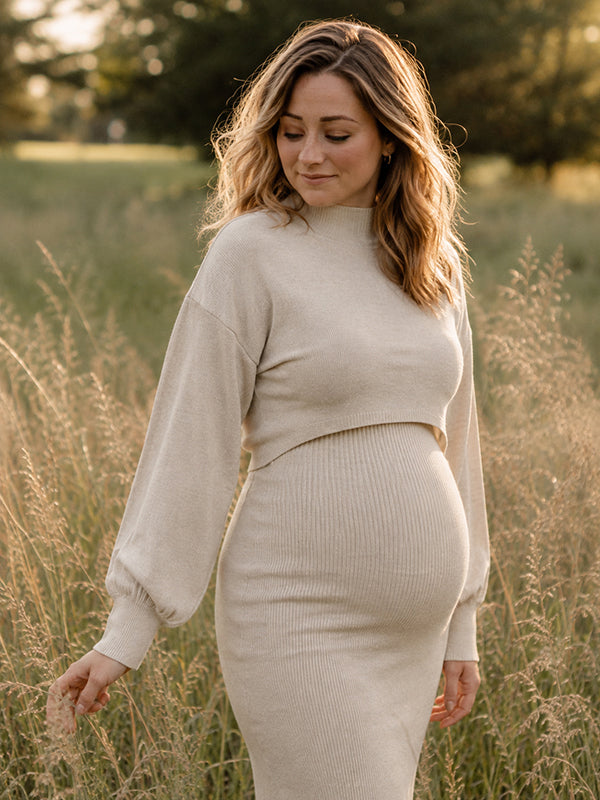 Apricot Bodycon Maternity Maxi Dress with Elegant Style and Bodycon Fit, Outdoor Photoshoot