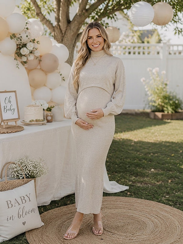 Apricot Bodycon Maternity Maxi Dress with Elegant Style and Bodycon Fit, Baby Shower