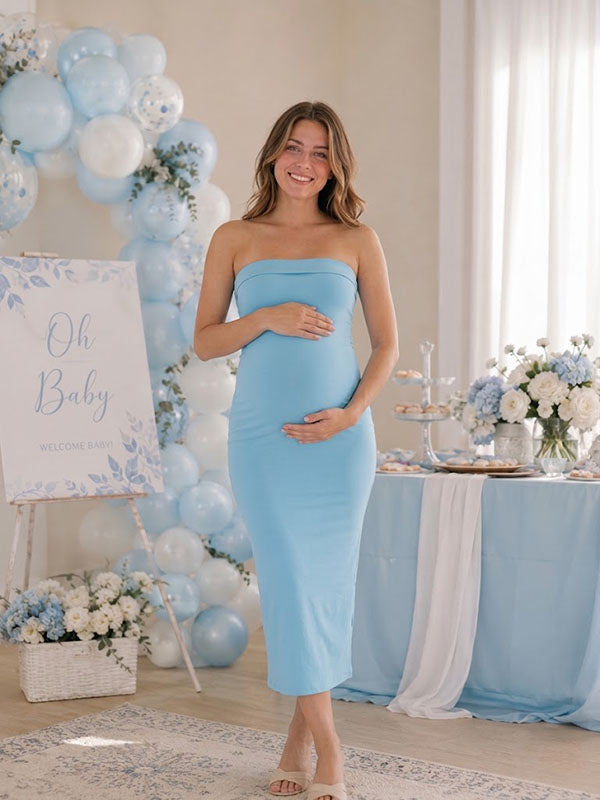 Blue 2-Piece Maternity Set with Strapless Tube Midi Dress and Open Front Cardigan Fitted Fit