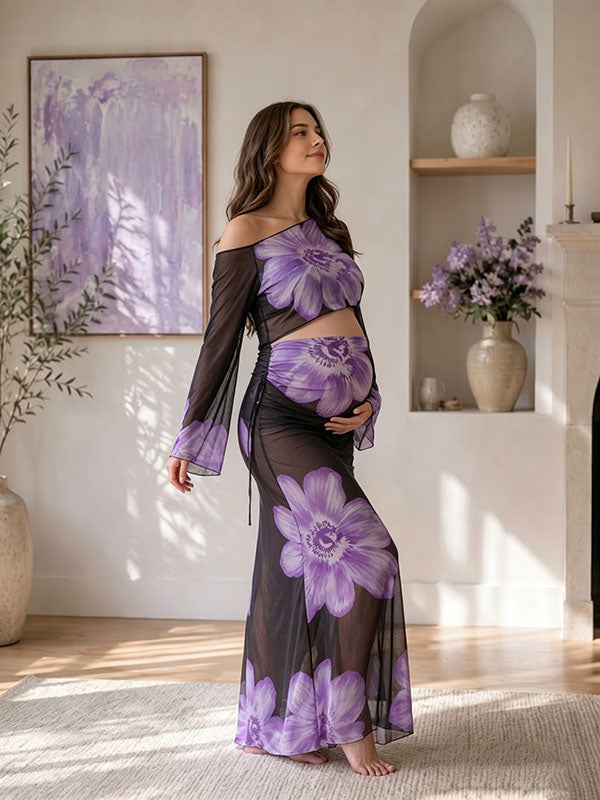 Purple Floral Asymmetric Maternity Set with Long Flare Sleeve Top and Printed Mesh Maxi Skirt