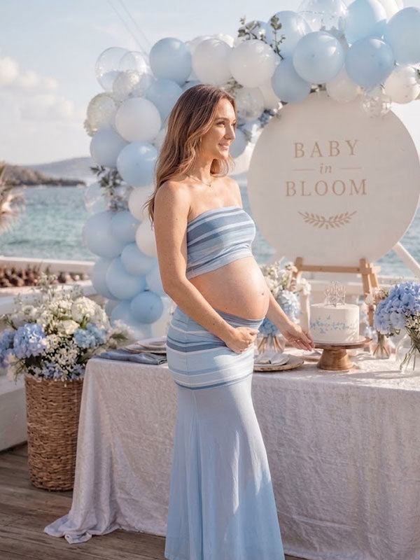 Blue Striped Bandeau Maternity Outfit with Sheer Overlay Maxi Skirt Bodycon Silhouette