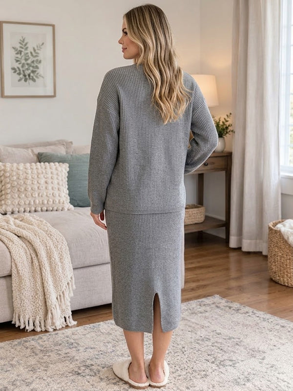 Grey Knit 2-in-1 Maternity Midi Dress with Slit Hemline Loose Silhouette