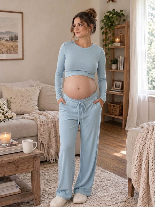 Blue Maternity 2-Piece Lounge Set with Crop Top and Drawstring Wide Trousers