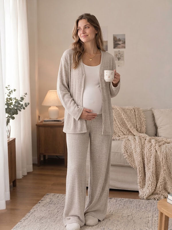 Khaki Ribbed Maternity Loungewear Set with Long Sleeve Button-Up Top and Wide Trousers