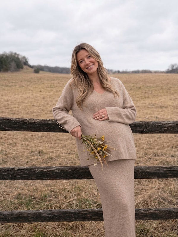 Khaki V-Neck Maternity Knit Pullover and Matching Straight Maxi Skirt Two-Piece Set Comfy Fit