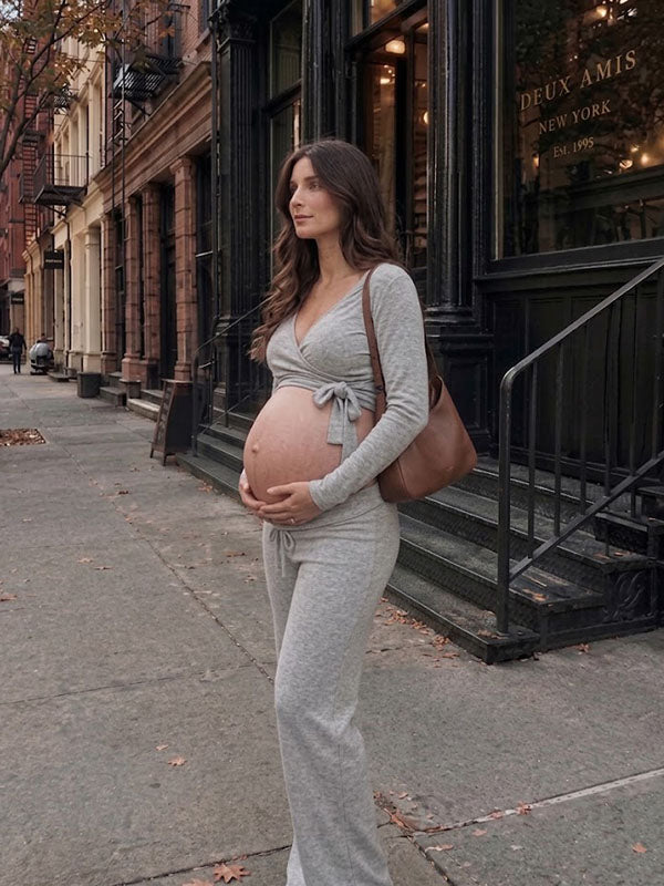 Grey Maternity 2-Piece Lounge Set with Long Sleeve Tie Wrap Top and Wide Trousers