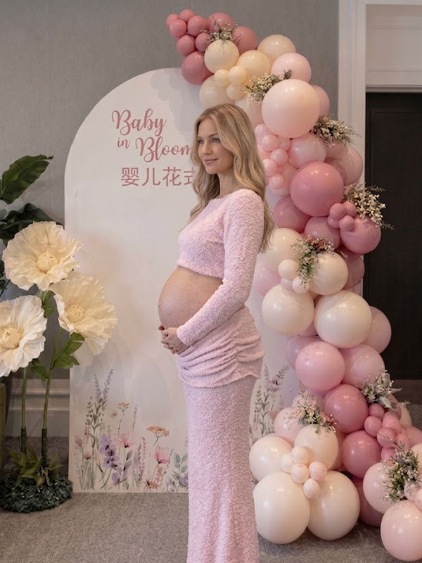 Pink Fuzzy Knit Long Sleeve Crop Top and Form-Fitting Maxi Skirt Maternity Set