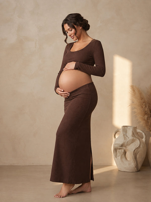 Brown Elegant Crochet 2-in-1 Maternity Maxi Dress with Crochet Detail Bodycon Fit