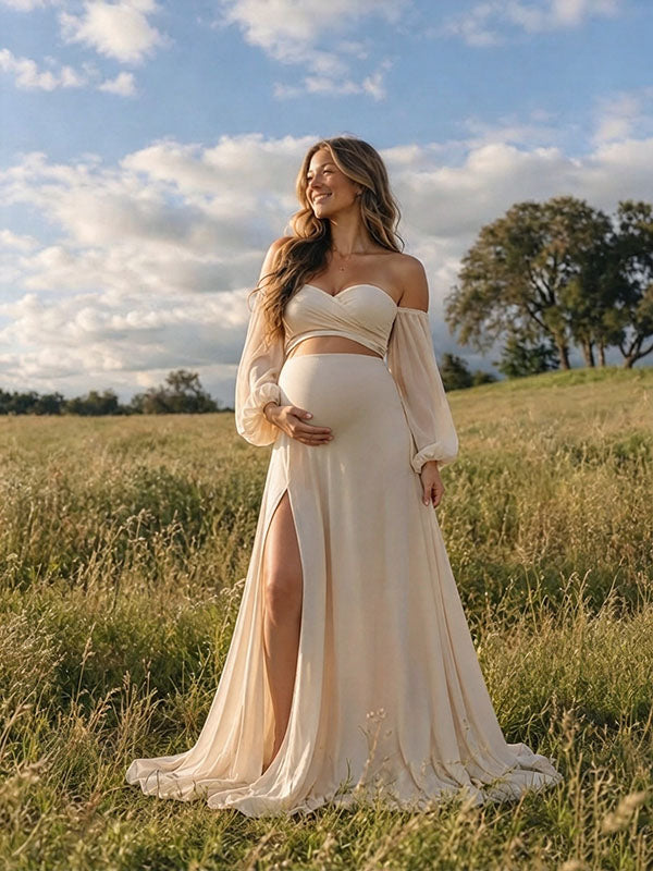 Beige Two-Piece Off-the-Shoulder Maternity Photoshoot Gown with High Leg Slit in Field