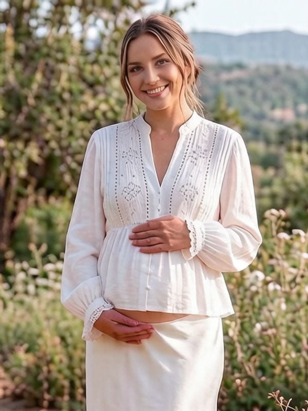 Momyknows Chic White Embroidery Buttons Lace Maternity Blouse - White - 1