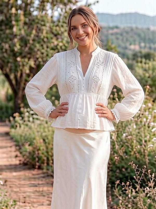 Momyknows Chic White Embroidery Buttons Lace Maternity Blouse - White - 2