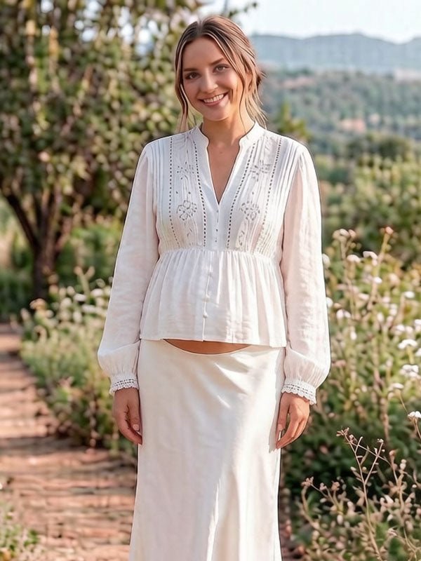 Momyknows Chic White Embroidery Buttons Lace Maternity Blouse - White - 3