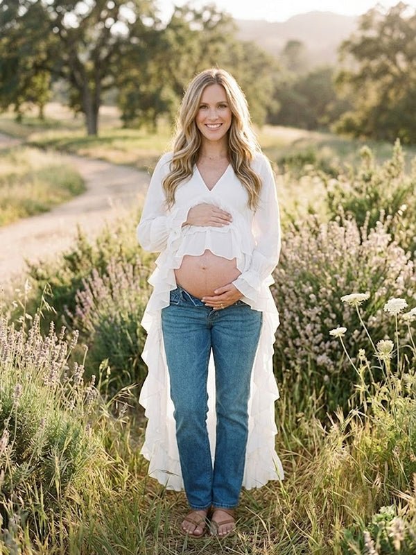 Momyknows Chic White Falbala Irregular Photoshoot Maternity Top - White - 1