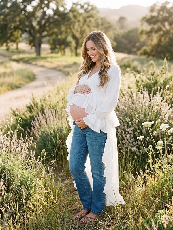Momyknows Chic White Falbala Irregular Photoshoot Maternity Top - White - 2
