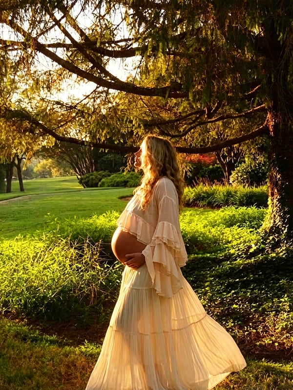 Apricot Falbala Maternity Maxi Dress with 2-in-1 Pleated Skirt Ruffle Details