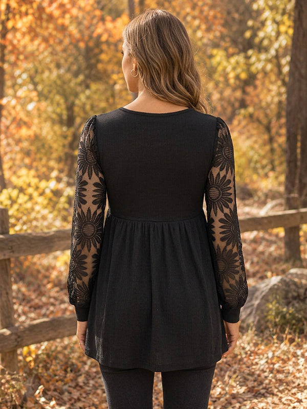 Black Lace Patchwork Peplum Maternity Top with Lace Patchwork & Peplum Details