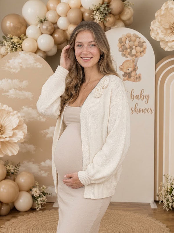 Soft White Maternity Layering Cardigan with 3D Flower Baby Shower