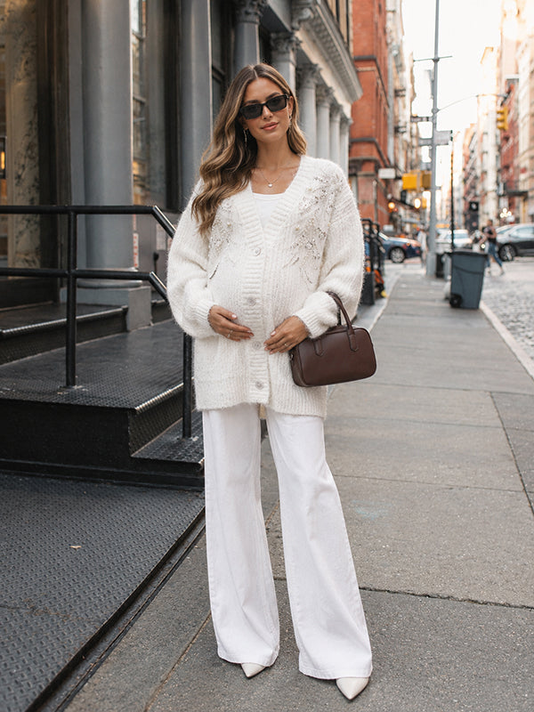 White Crochet Maternity Cardigan with Beading and Sequin Details, Single Breasted Loose Fit
