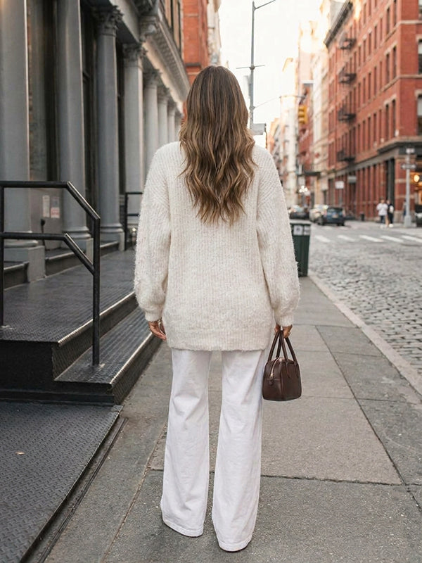 White Maternity Cardigan with Crochet Design, Sequin Embellishments and Loose Silhouette
