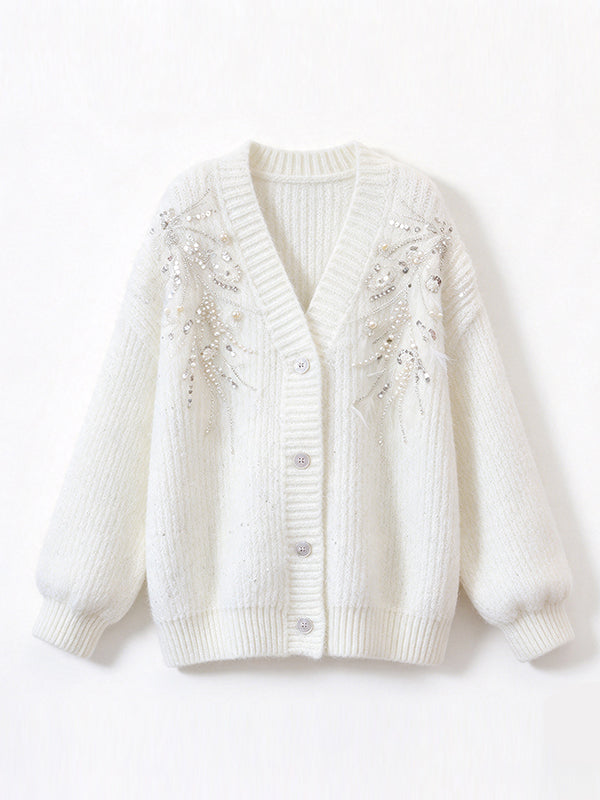 White Crochet Maternity Cardigan with Beading and Sequin Details