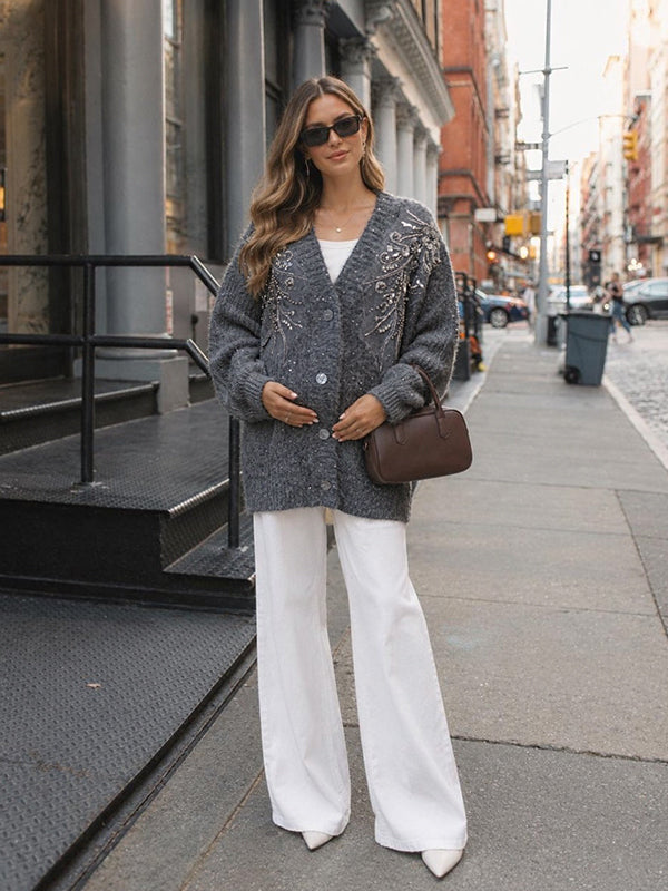 Grey Crochet Maternity Cardigan with Beading and Sequin Details, Single Breasted Loose Fit