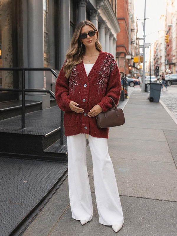 Red Crochet Maternity Cardigan with Beading and Sequin Details, Single Breasted Loose Fit