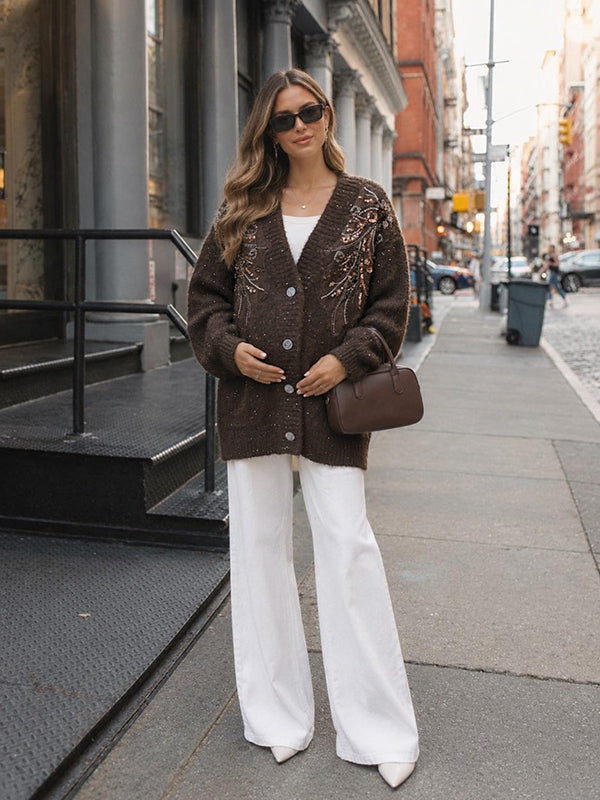 Coffee Crochet Maternity Cardigan with Beading and Sequin Details, Single Breasted Loose Fit