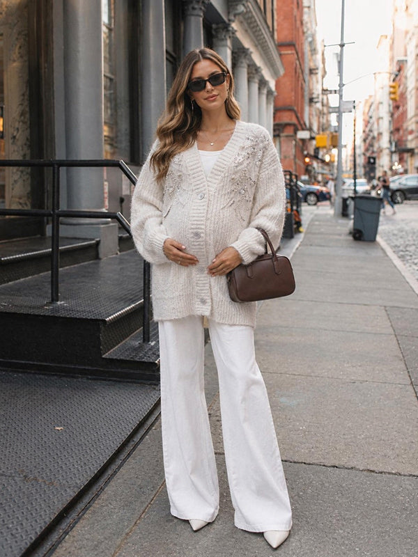 Apricot Crochet Maternity Cardigan with Beading and Sequin Details, Single Breasted Loose Fit