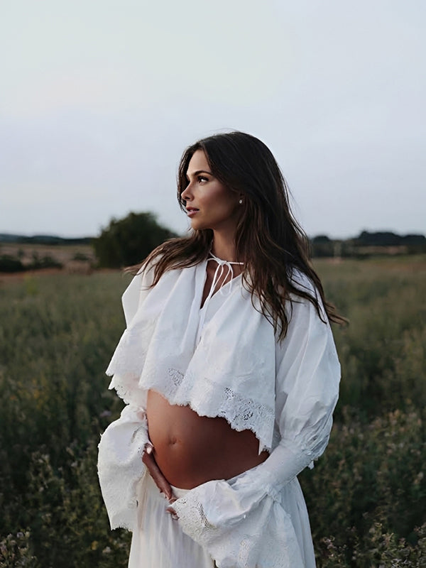 White Lace Maternity Blouse with Irregular Hem and Flare Sleeves Flattering Fit