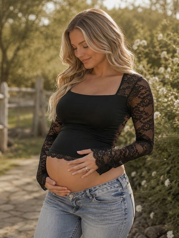 Momyknows Chic White Lace Cut Out Splicing Maternity Top - Black - 3