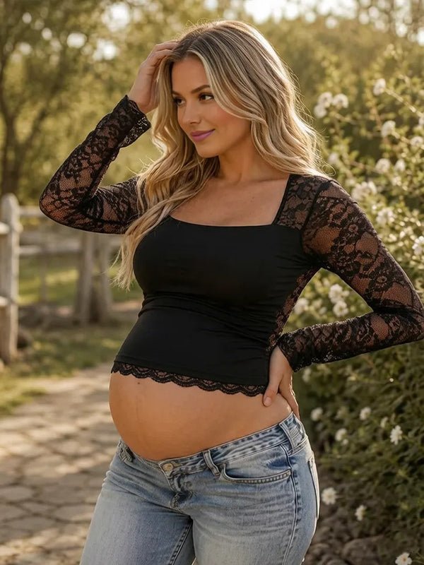 Momyknows Chic White Lace Cut Out Splicing Maternity Top - Black - 4