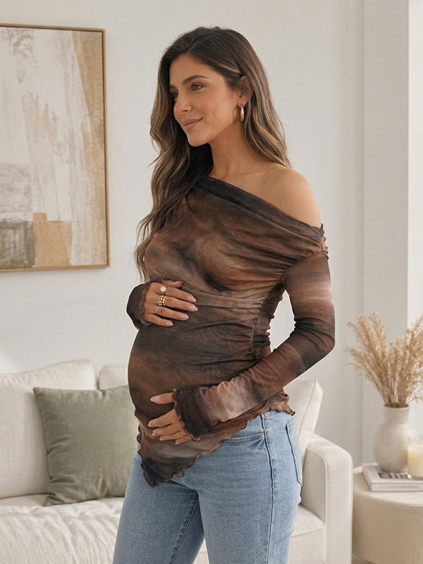Brown Irregular Oblique Shoulder Gradient Color Maternity Tops with Long Sleeves Polyester