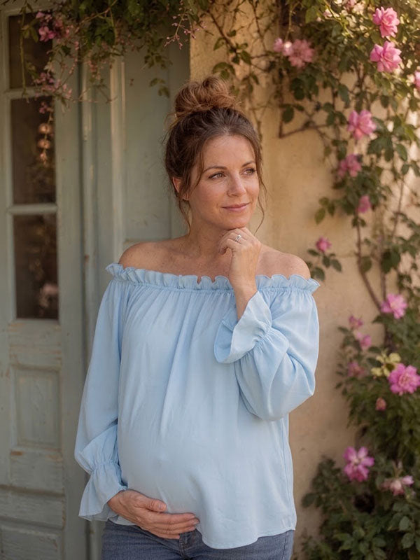 Blue Long Sleeve Maternity Top with Ruffle Bardot Neckline and Flounce Cuffs Loose Fit