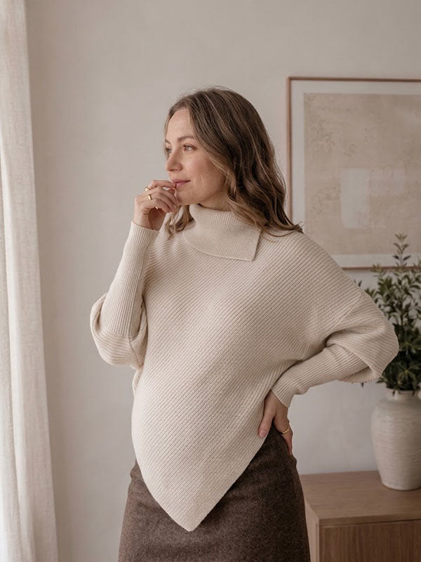 Beige Maternity Pullover with Split Funnel Neck and Batwing Long Sleeves Loose Fit