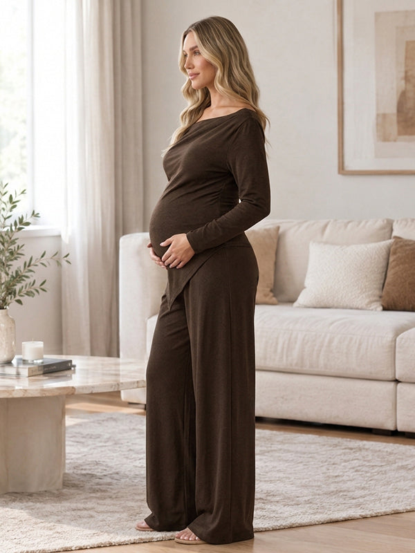Coffee Irregular Oblique Shoulder 2-in-1 Maternity T-Shirts Pants Co-Ord with Irregular Oblique Shoulder
