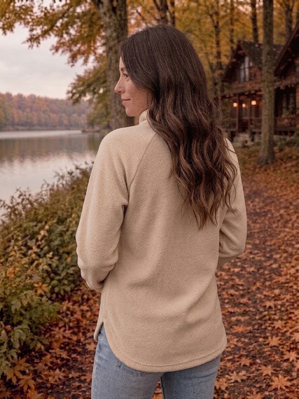 Beige Quarter-Zip Maternity Pullover with Raglan Long Sleeves and Curved Hem Relaxed Fit