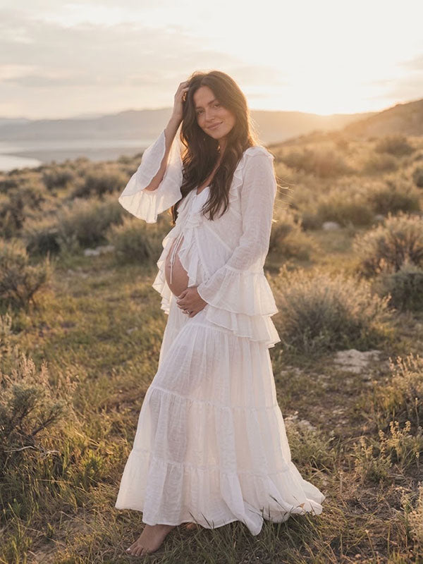 Flowy White Falbala Ruffle Maternity Shirt with Bell Cuffs and Open Bump Front Slit