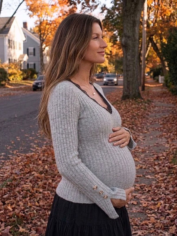 Heather Grey Ribbed Maternity Top with Scalloped Lace V-Neckline and Split Cuffs Daily Fit