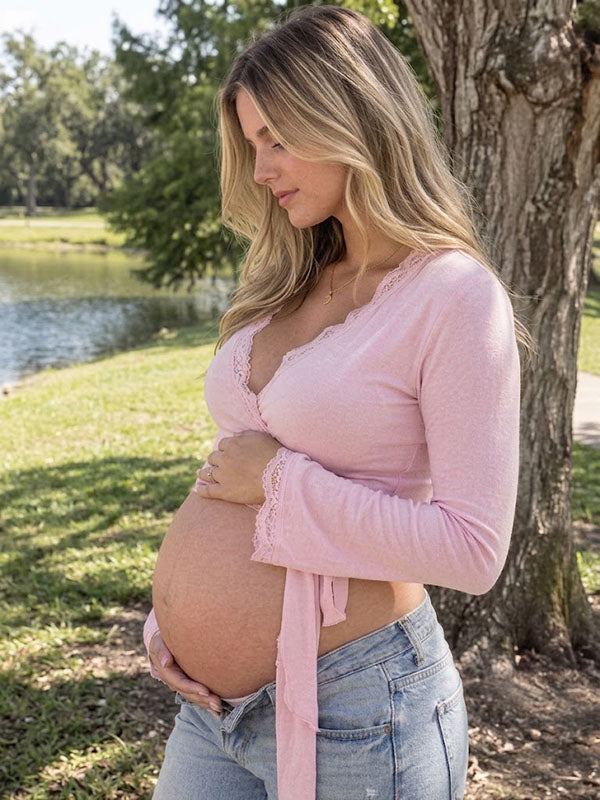 Pink Ribbed Maternity Wrap Top with Delicate Lace V-Neck and Side Tie Long Sleeves