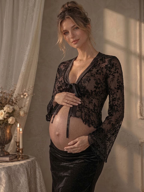 Sheer Black Embroidered Lace Maternity Top with Deep V-Neck and Long Flared Bell Sleeves